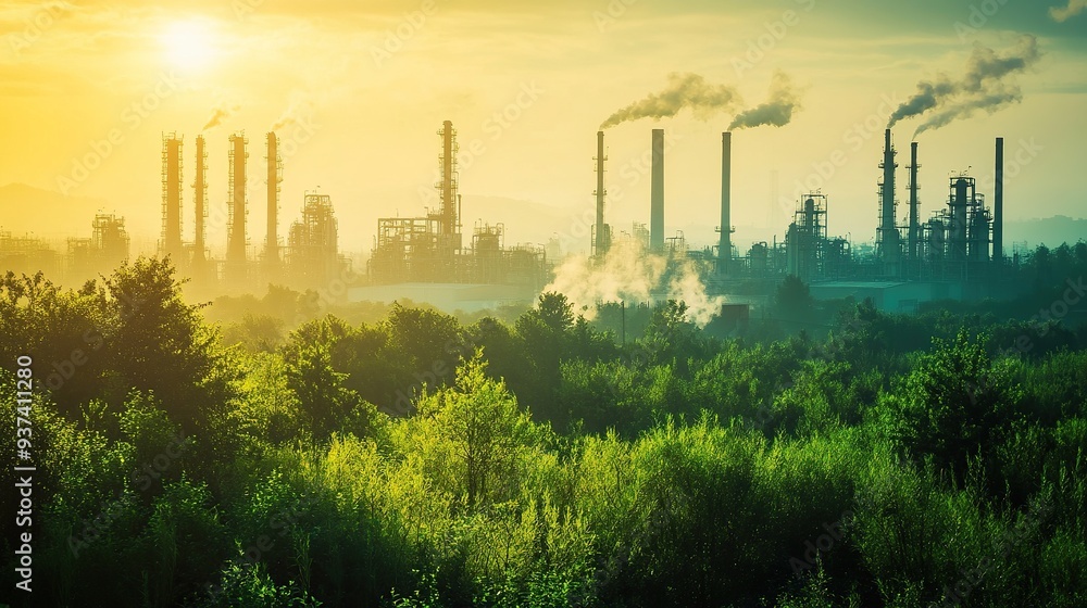 Obraz premium Industrial smokestacks emitting pollution into the atmosphere, with green trees in the foreground.