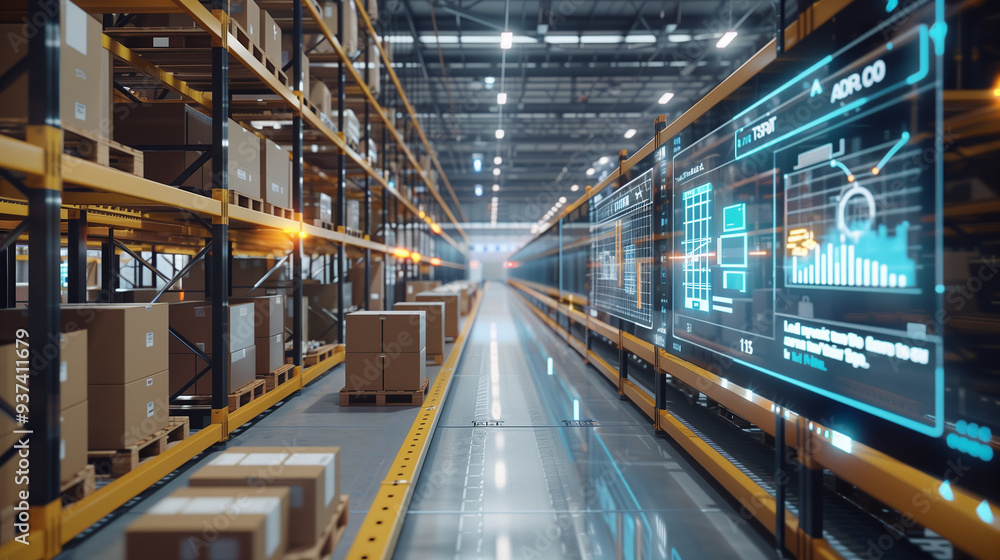 Obraz premium a smart warehouse with integrated technology, including automated storage systems, digital inventory tracking, and IoT devices