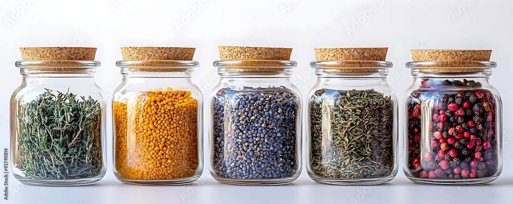 Five Glass Jars with Cork Lids Filled with Spices - Realistic Photo Five Glass Jars with Cork Lids Filled with Spices - Realistic Photo