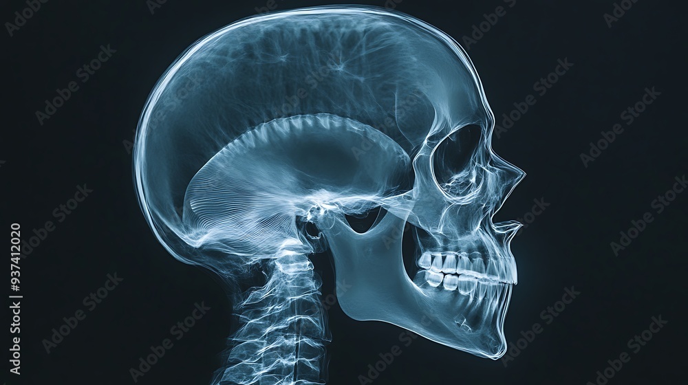 A digital X-ray image showing the intricate structure of a human skull ...
