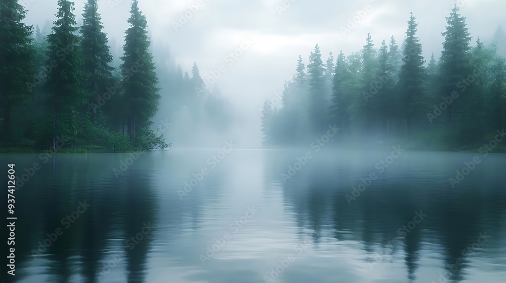 Misty Lake in the Forest - 3D Illustration Misty Lake in the Forest - 3D Illustration