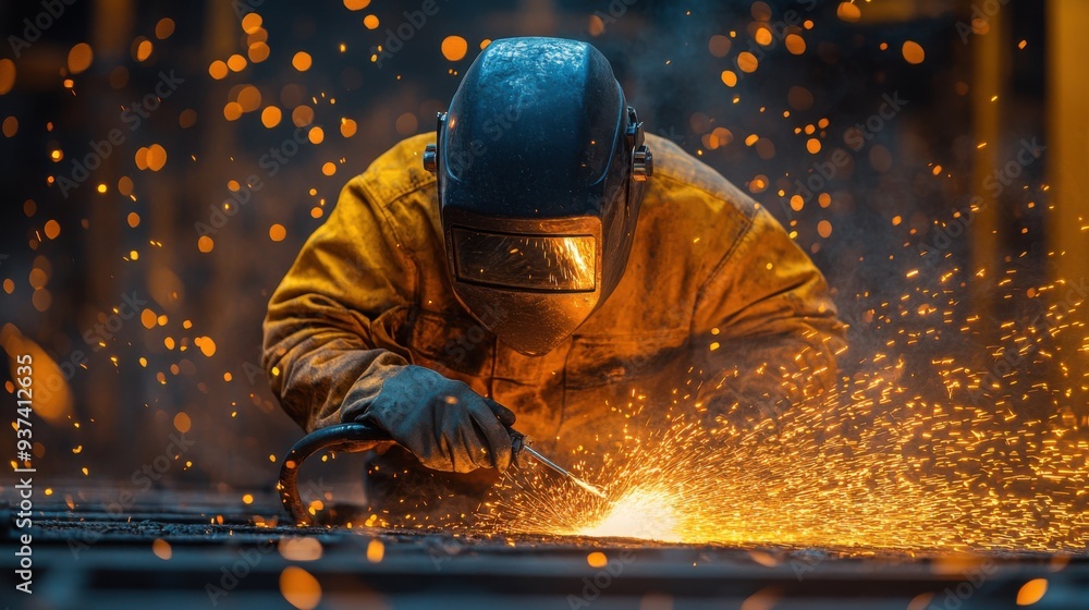 Skilled welder working in workshop, creating sparks with metal welding tool Skilled welder working in workshop, creating sparks with metal welding tool