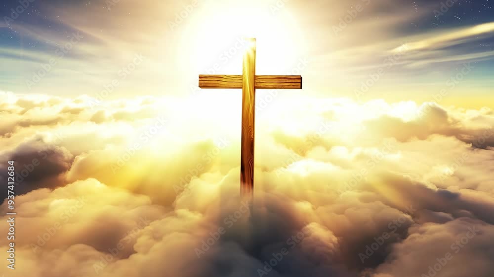 A wooden cross surrounded by clouds under a radiant sunrise illuminating the sky at dawn A wooden cross surrounded by clouds under a radiant sunrise illuminating the sky at dawn