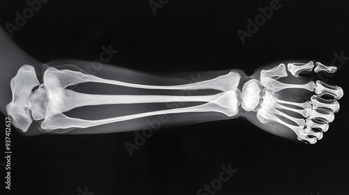 An X-ray of a fractured wrist with a visible cast on the image