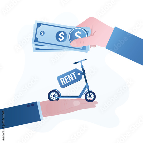 Electric scooters for rent, client hand give cash for payment. Application for renting scooter in the city. Urban transportation. Modern technologies.
