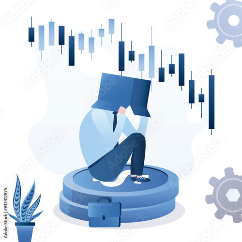 Depressed trader or businessman sitting covered head with cardboard box, shameful cannot face people or investors. Stock market down. Business failure, financial loss,