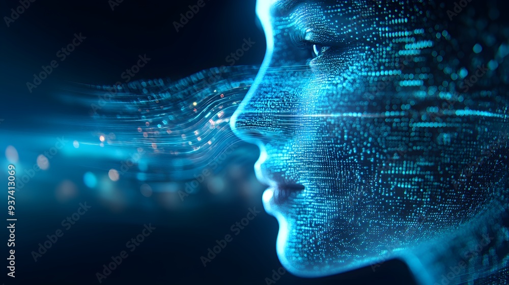 Close-up of a robotic face with AI soundwaves in double exposure, showcasing the future of voice recognition, blending digital signals and human features--style raw Close-up of a robotic face with AI soundwaves in double exposure, showcasing the future of voice recognition, blending digital signals and human features--style raw
