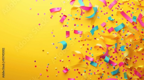 Colorful confetti and streamers floating in the air on a yellow background. The concept of a holiday, party or special event. photo