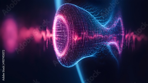 Abstract ear with layered soundwaves in double exposure, illustrating the powerful impact of AI on voice data analysis, neon colors, high-tech aesthetic