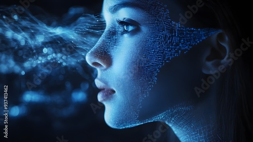 A face with biometric patterns and voice recognition waves layered in double exposure, showing advanced AI protection, digital security theme photo