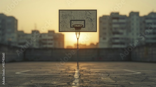 basketball court view in an urban environment, capturing the dynamic energy and passion of street sports, highlighting the vibrant culture of community games