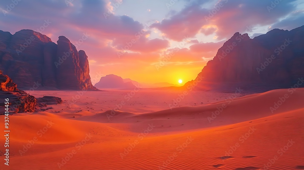 Naklejka premium Desert Landscape with Sunset Over Mountains - A Majestic View of Wadi Rum in Jordan
