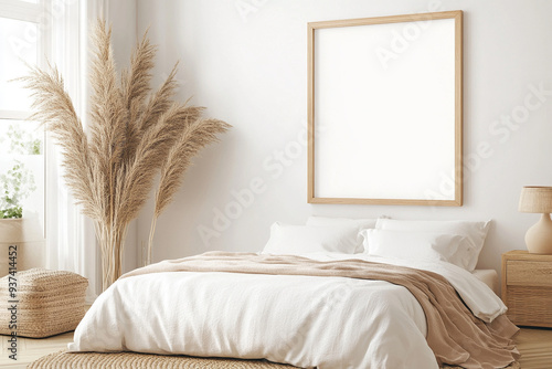 A serene bedroom featuring cozy bed with white linens, soft beige throw, and decorative pampas grass. space exudes tranquility and comfort.