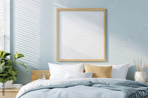 A serene bedroom scene featuring cozy bed with soft pillows and light blanket, complemented by potted plant and natural light streaming through window.