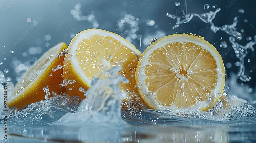 Lemon splashing water isolated on blue background. Generative AI Lemon splashing water isolated on blue background. Generative AI