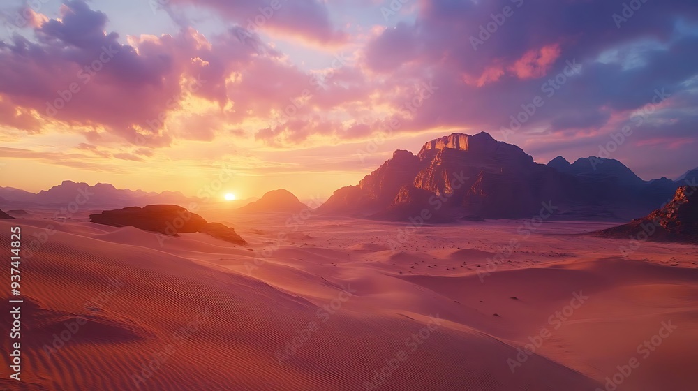Naklejka premium Desert Sunset Landscape with Mountain Range and Sand Dunes - Photo