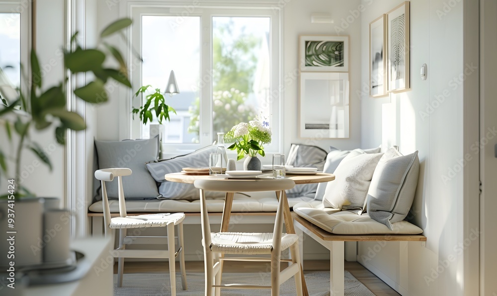 Fototapeta premium Scandinavian breakfast nook and dinner set. 