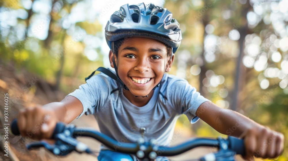 Fototapeta premium Speedy Joy: Helmeted and thrilled, a young boy rides his bike downhill, gripping the handlebars firmly and sporting a joyful, excited expression. 