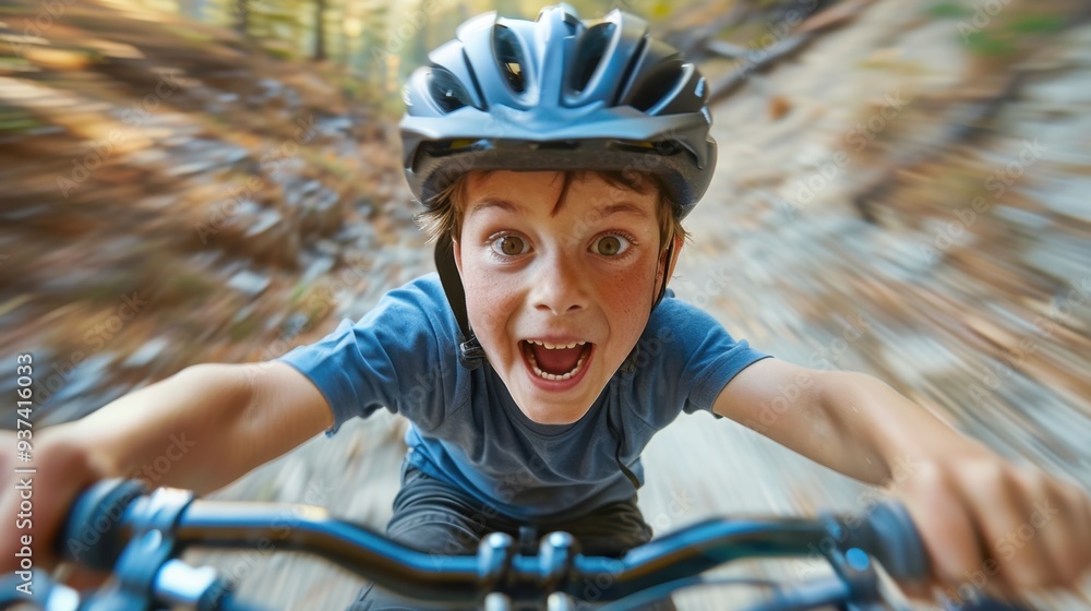 Naklejka premium Exhilarated Speed: A helmeted young boy zooms down a hill on his bicycle, gripping the handlebars with glee, his face alight with the thrill of the ride. 