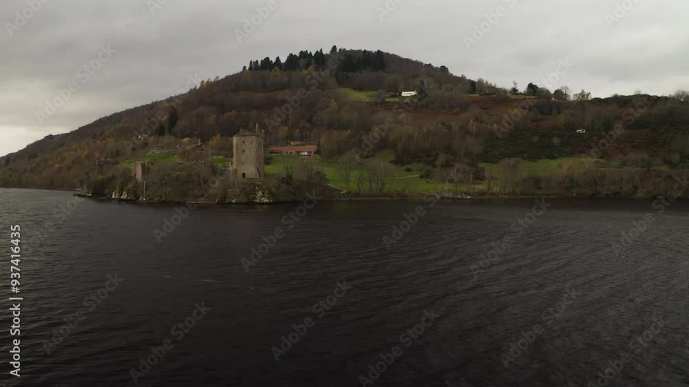 Aerial low orbit around Urquhart Castle in Loch Ness Scotland under overcast gloomy sky Aerial low orbit around Urquhart Castle in Loch Ness Scotland under overcast gloomy sky