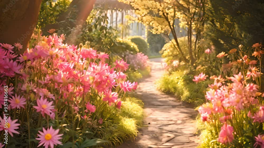 Sunlit flower garden path with pink blooms. Nature and tranquility. Sunlit flower garden path with pink blooms. Nature and tranquility.