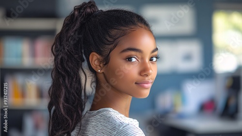 Profile Portrait of a Young Woman with a Stylish Ponytail in a Study Room