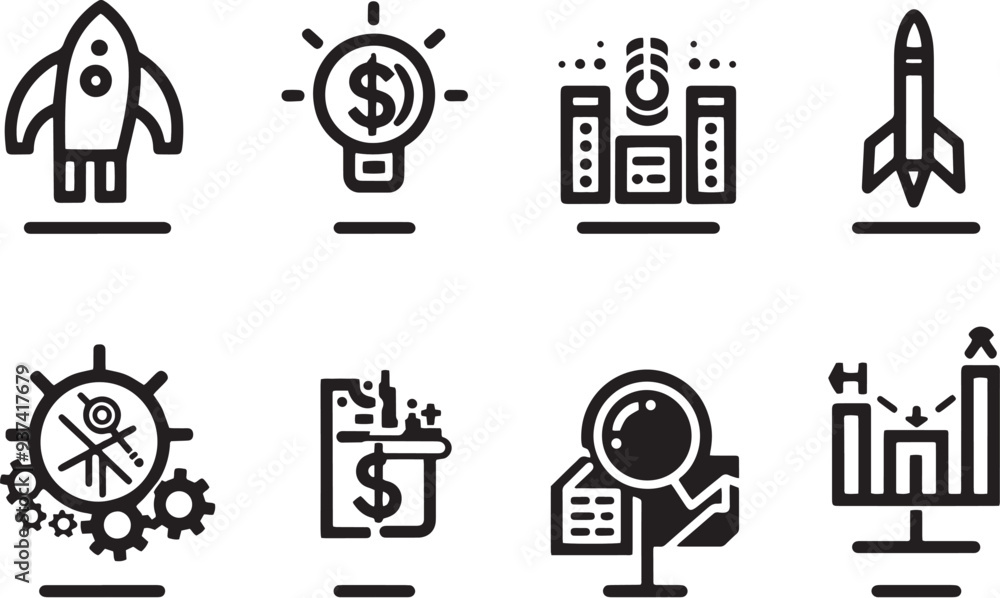 A clean vector icon set including a funding, venture capital, product development, and team collaboration .icons in black and white style with isolated on white
A clean vector icon set including a funding, venture capital, product development, and team collaboration .icons in black and white style with isolated on white