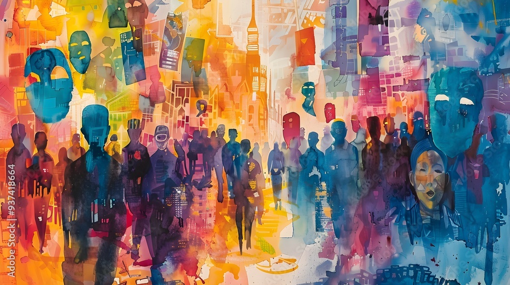A bustling carnival, vivid watercolor strokes illustrating the festive chaos, colorful masks and banners waving in the air, full of life and movement A bustling carnival, vivid watercolor strokes illustrating the festive chaos, colorful masks and banners waving in the air, full of life and movement
