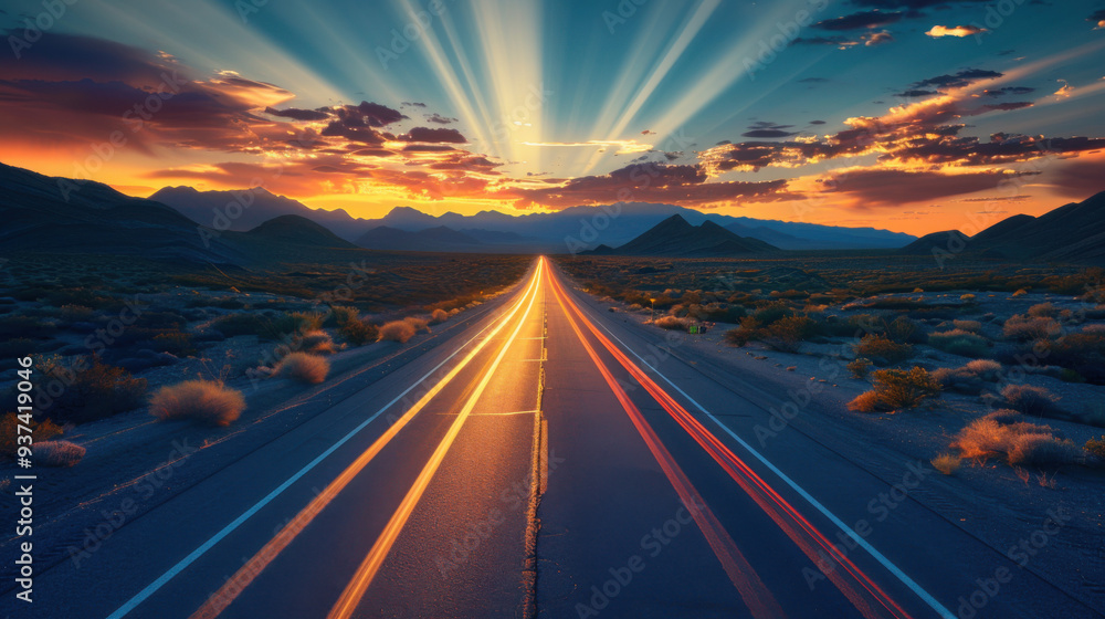 Obraz premium https://s.mj.run/z0DMxg0V4-c road in the Arizona desert. sunset. blue tones. high speed photography. --ar 16:9 --style raw --stylize 250 --v 6 Job ID: e8820cc2-c8ad-460f-83e3-48e564163e2c