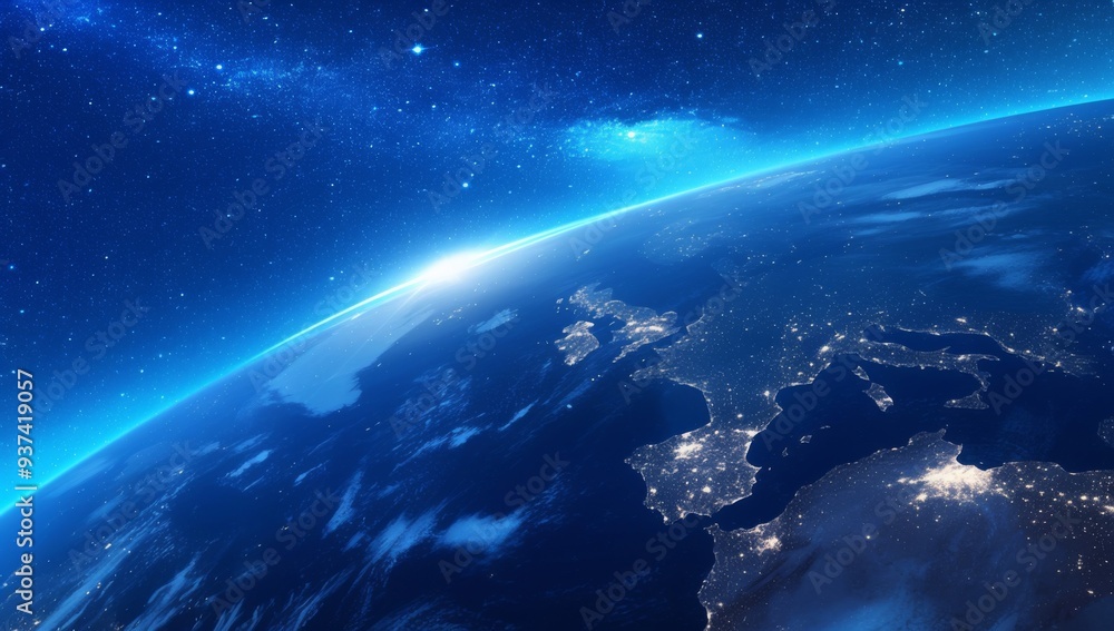 Earth Glowing in Blue Light with Sun and Stars in Space, Illuminated with Glowing Effects Earth Glowing in Blue Light with Sun and Stars in Space, Illuminated with Glowing Effects