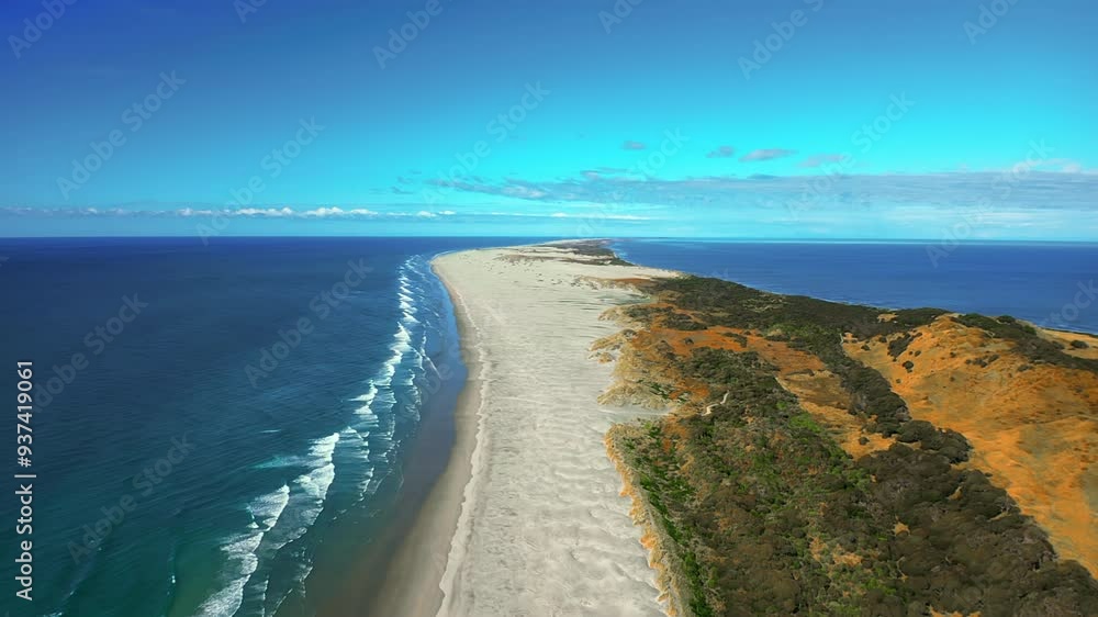 Rising aerial over Farewell Spit, a fifteen mile stretch of beach on northern end of Golden Bay, off coast of South Island, New Zealand. Rising aerial over Farewell Spit, a fifteen mile stretch of beach on northern end of Golden Bay, off coast of South Island, New Zealand.