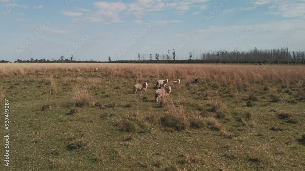 A curious group of sheep look at the camera as it flies over them in a grassy pasture on a hot clear day