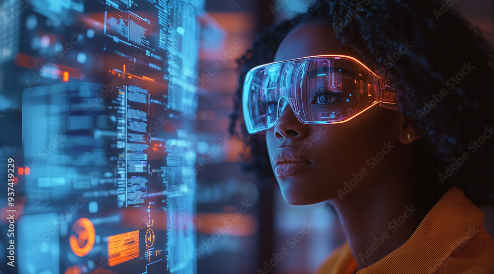 Fototapeta premium AI cyber security threat, female african american IT specialist analysing futuristic holographic data information. blue & orange colour, sugmented reality artificial intelligence concept banner