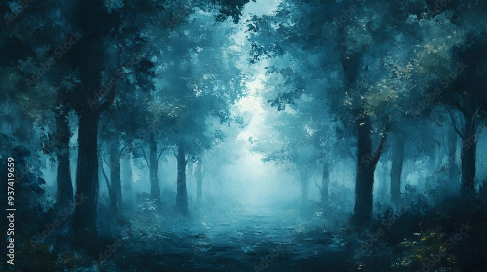 Dark enchanted forest, towering trees lost in mist, deep greens and blues, oil painting style, hand-brushed textures with a sense of mystery Dark enchanted forest, towering trees lost in mist, deep greens and blues, oil painting style, hand-brushed textures with a sense of mystery