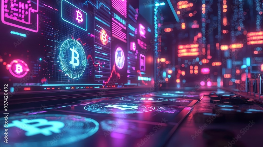 A neon-lit financial hub where digital currencies are crumbling on holographic displays, representing the fragility of future investments A neon-lit financial hub where digital currencies are crumbling on holographic displays, representing the fragility of future investments