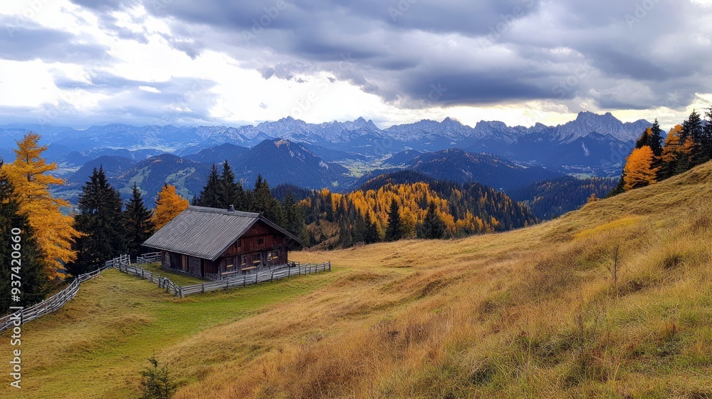 A Rustic Cabin Nestled Amidst a Mountainous Landscape with Autumnal Foliage A Rustic Cabin Nestled Amidst a Mountainous Landscape with Autumnal Foliage