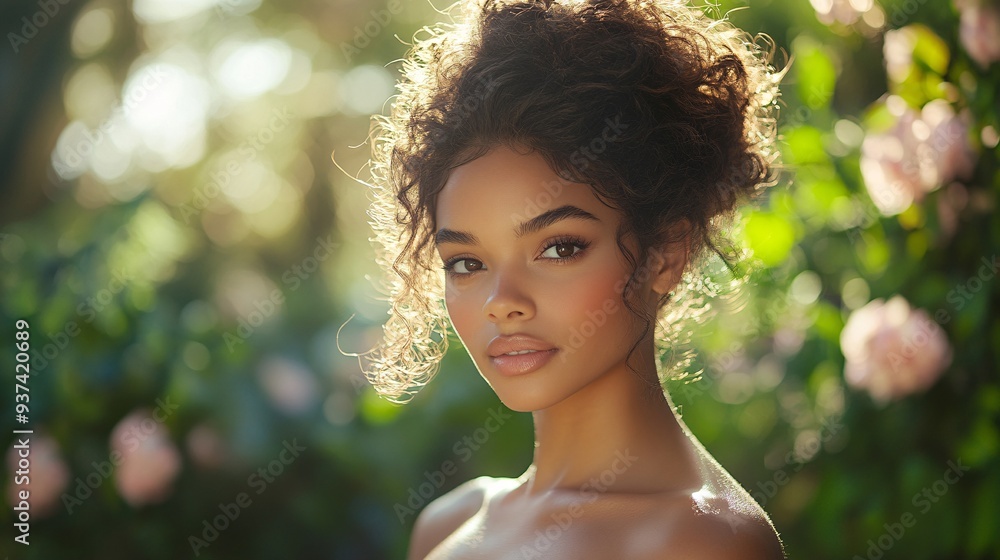 Elegant Portrait of a Woman with Natural Curly Hair in Sunlit Garden Elegant Portrait of a Woman with Natural Curly Hair in Sunlit Garden