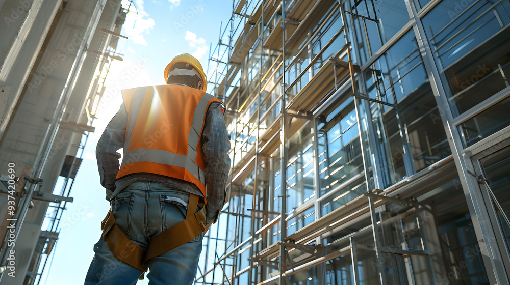 Fototapeta premium A man, a worker, a builder by profession, in a uniform and a helmet. AI Generated