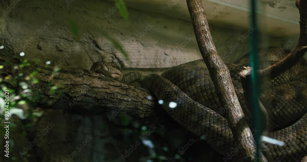 Coiled snake resting on tree branch inside dimly lit enclosure Coiled snake resting on tree branch inside dimly lit enclosure