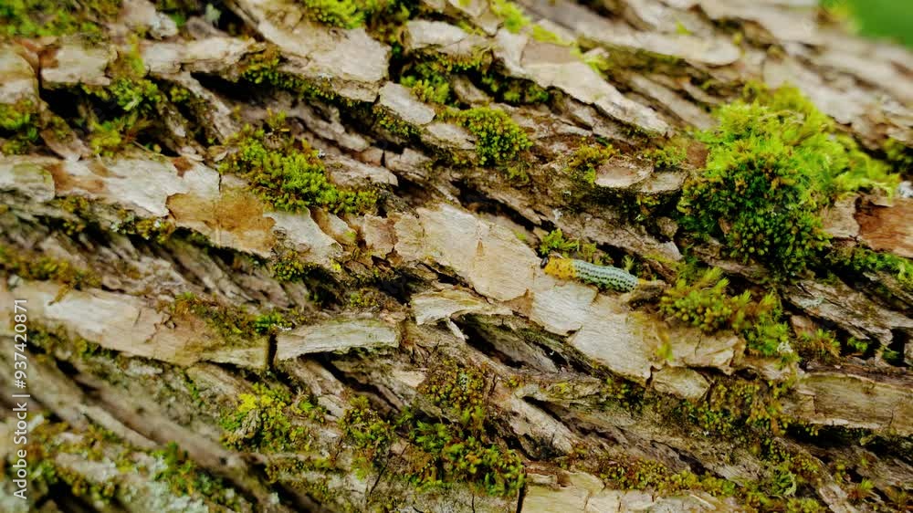Caterpillar worm walking across frame on a tree bark covered with green moss. Untouched nature. Caterpillar worm walking across frame on a tree bark covered with green moss. Untouched nature.