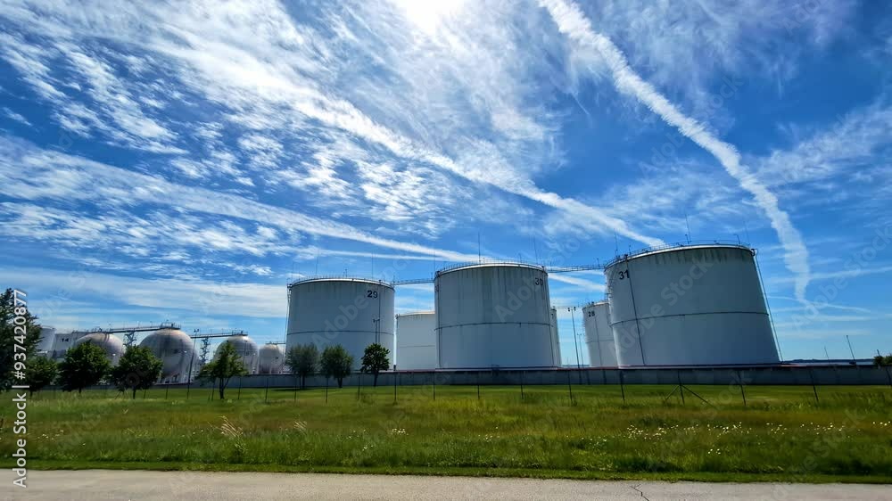 Oil refinery storage units with blue sky above, motion view Oil refinery storage units with blue sky above, motion view
