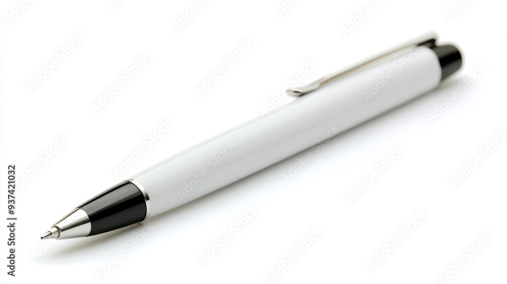 White Pen with Black and Silver Accents Lying on a White Background White Pen with Black and Silver Accents Lying on a White Background