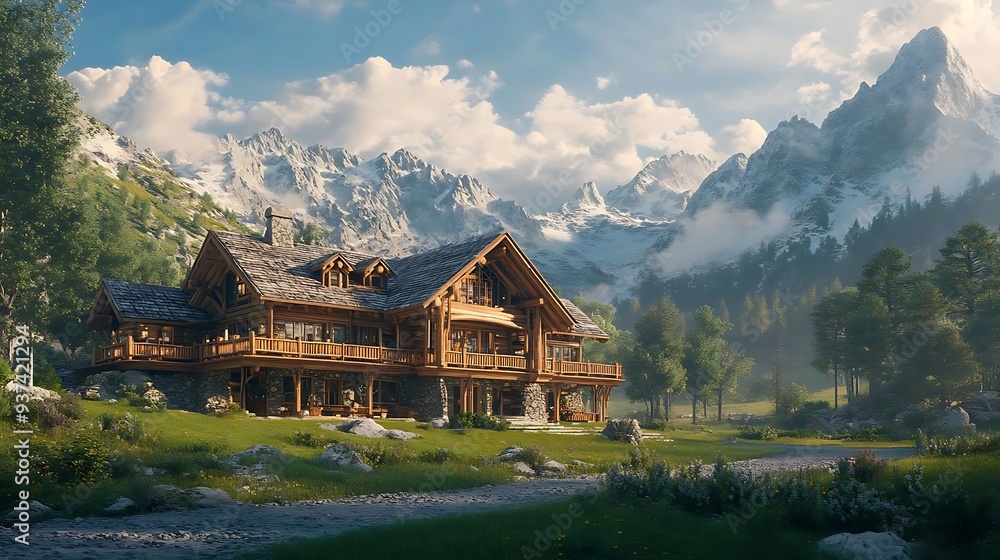 Fototapeta premium Mountain Log Cabin with Stunning Views - 3D Illustration