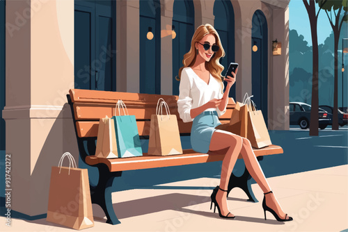 Smiling lady sitting on chair with colorful packages, female waiting with purchase. Supermarket shopping, woman in casual clothes holding phone vector