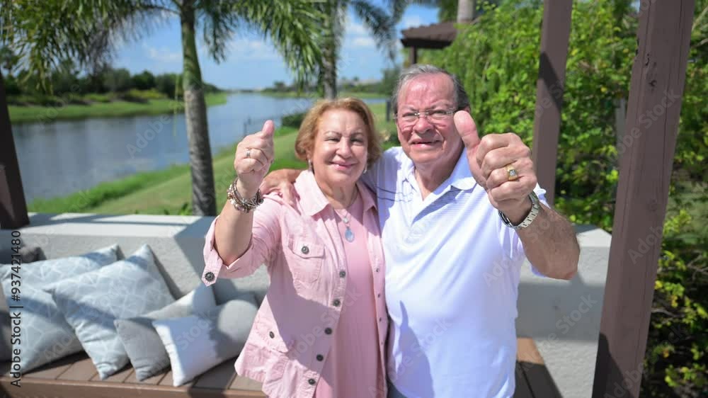 happy customers give a thumbs up sign outside in their new pool area in their luxury upscale home backyard happy customers give a thumbs up sign outside in their new pool area in their luxury upscale home backyard