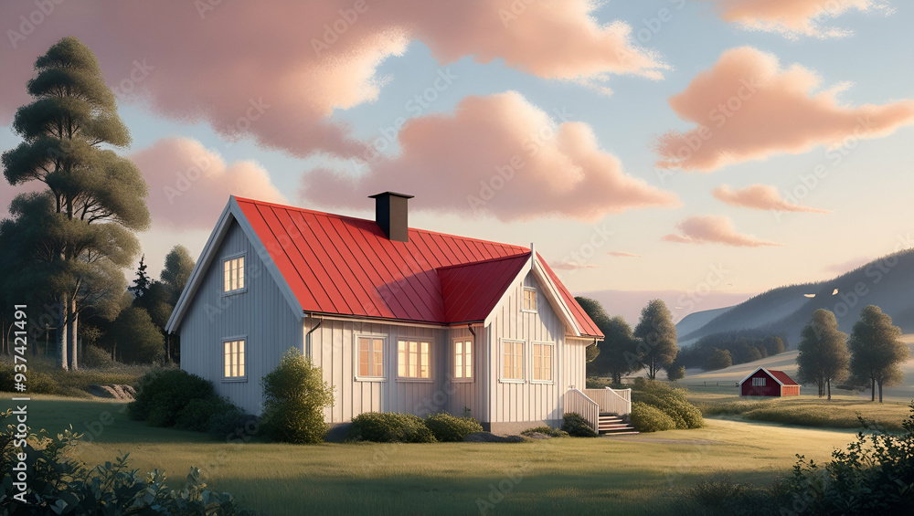 Norwegian beautiful house lit by the midnight sun, Generative AI Norwegian beautiful house lit by the midnight sun, Generative AI