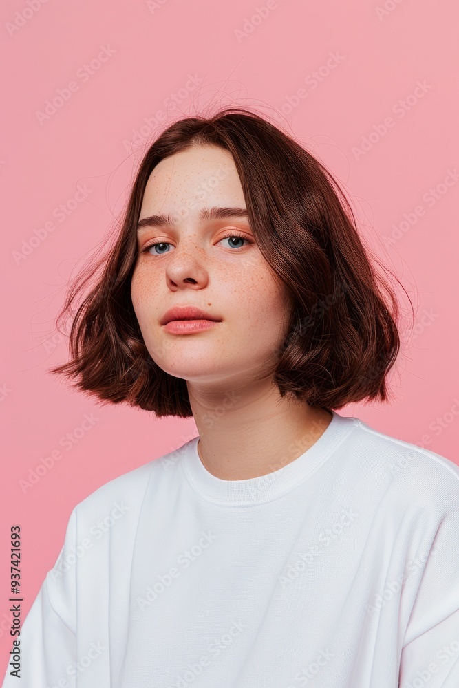 Fototapeta premium A Brunette Woman In A White Pullover, Isolated Against A Pink Background
