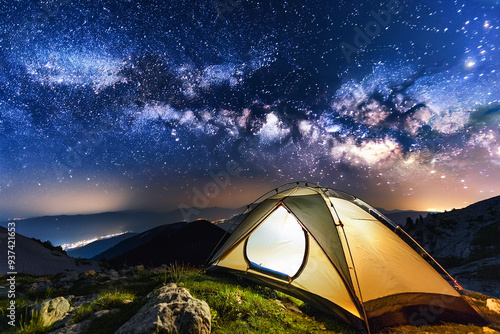 Tent illuminated from the inside with the Milky Way in the background.