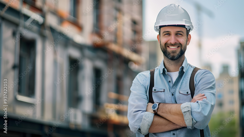 A man, a worker, a builder by profession, in a uniform and a helmet. AI Generated A man, a worker, a builder by profession, in a uniform and a helmet. AI Generated