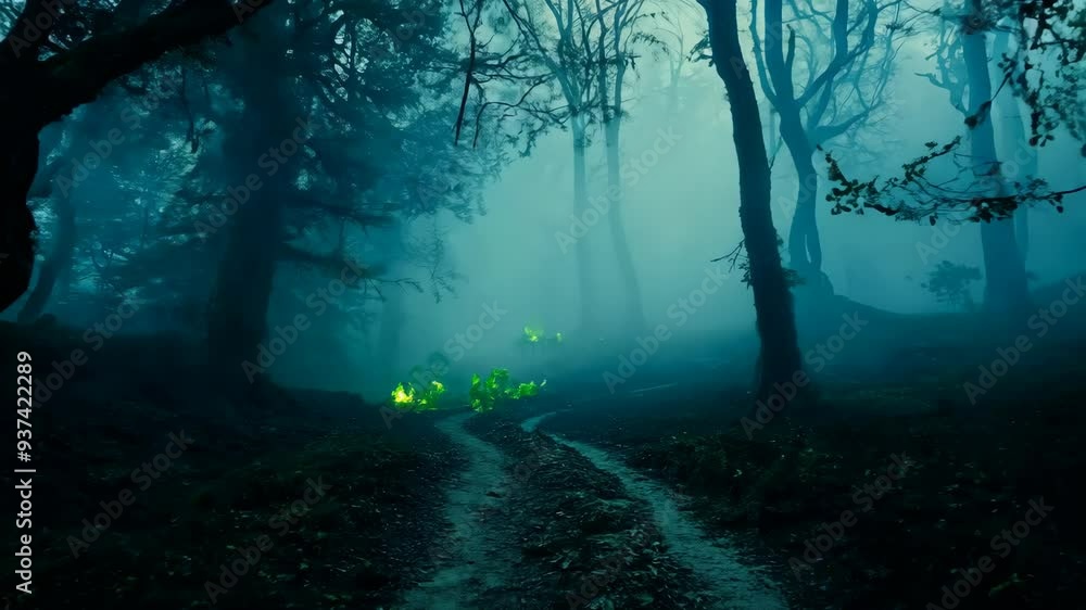 Mysterious forest path shrouded in fog with subtle glowing lights at twilight Mysterious forest path shrouded in fog with subtle glowing lights at twilight